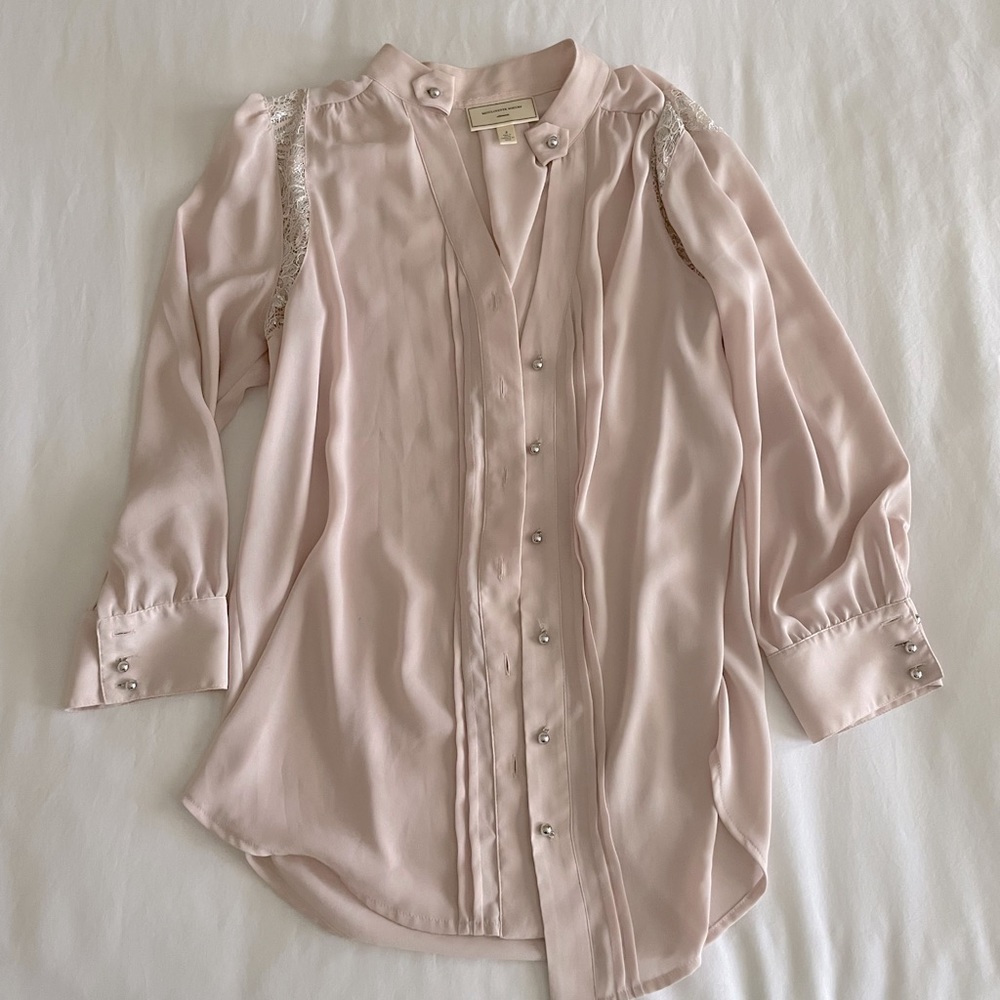 Designer elegant blush button-down with lace detail